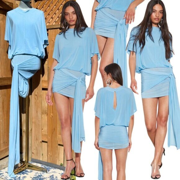 🆕 RAT & BOA 🧿 NWT Freja Slinky Baby Blue Tie-Waist T-Shirt Mini Dress, Sz S - Picture 1 of 15